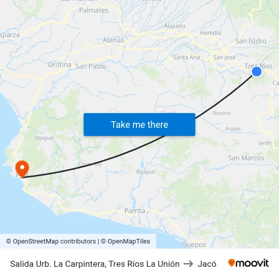 Salida Urb. La Carpintera, Tres Ríos La Unión to Jacó map