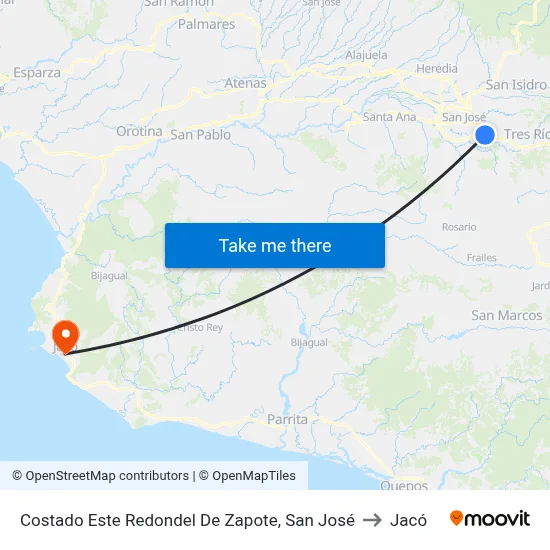 Costado Este Redondel De Zapote, San José to Jacó map