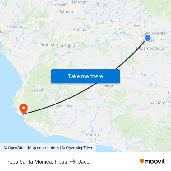 Pops Santa Mónica, Tibás to Jacó map