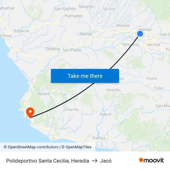 Polideportivo Santa Cecilia, Heredia to Jacó map