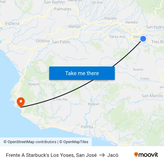 Frente A Starbuck's Los Yoses, San José to Jacó map