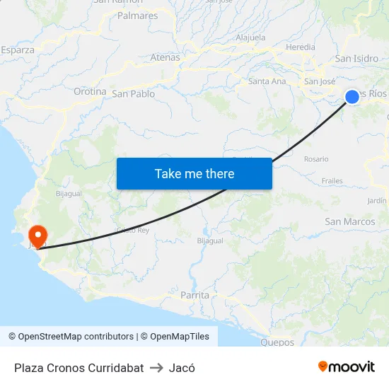 Plaza Cronos Curridabat to Jacó map