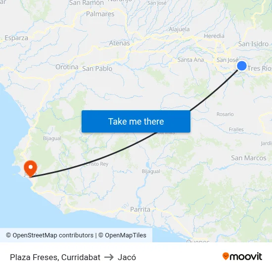 Plaza Freses, Curridabat to Jacó map