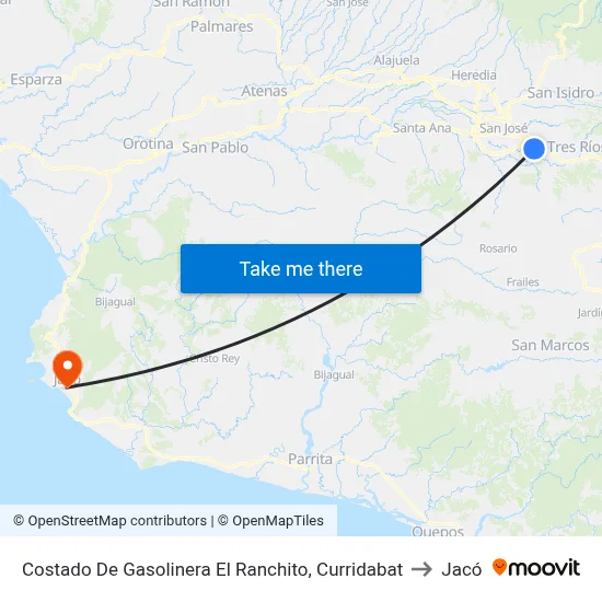 Costado De Gasolinera El Ranchito, Curridabat to Jacó map