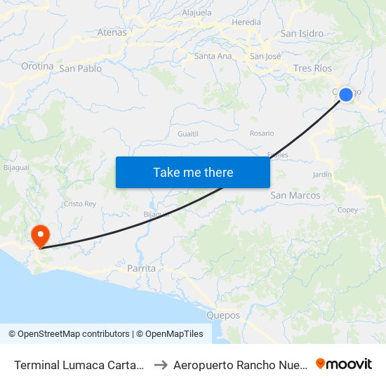 Terminal Lumaca Cartago to Aeropuerto Rancho Nuevo map