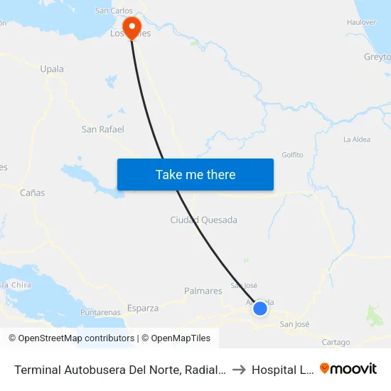 Terminal Autobusera Del Norte, Radial Francisco J. Orlich Alajuela to Hospital Los Chiles map