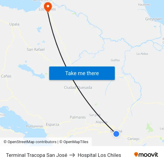 Terminal Tracopa San José to Hospital Los Chiles map