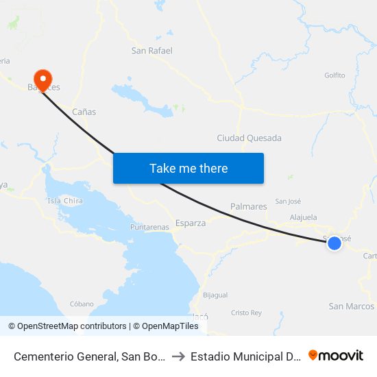 Cementerio General, San Bosco San José to Estadio Municipal De Bagaces map