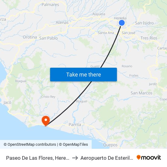 Paseo De Las Flores, Heredia to Aeropuerto De Esterillos map