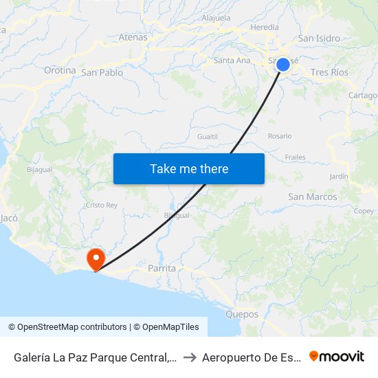 Galería La Paz Parque Central, San José to Aeropuerto De Esterillos map