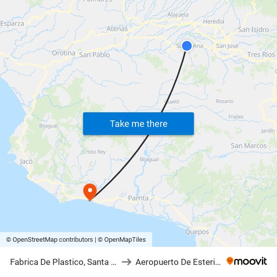 Fabrica De Plastico, Santa Ana to Aeropuerto De Esterillos map