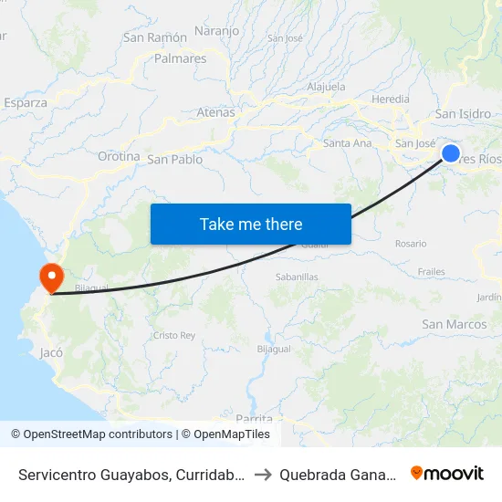 Servicentro Guayabos, Curridabat to Quebrada Ganado map