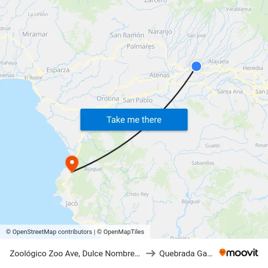 Zoológico Zoo Ave, Dulce Nombre Alajuela to Quebrada Ganado map