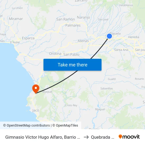 Gimnasio Víctor Hugo Alfaro, Barrio San José Alajuela to Quebrada Ganado map