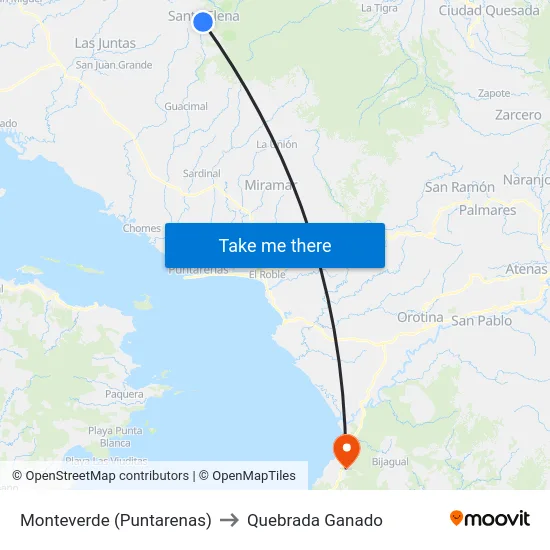 Monteverde (Puntarenas) to Quebrada Ganado map