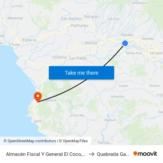 Almacén Fiscal Y General El Coco, Alajuela to Quebrada Ganado map