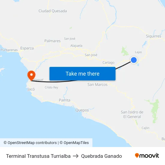 Terminal Transtusa Turrialba to Quebrada Ganado map