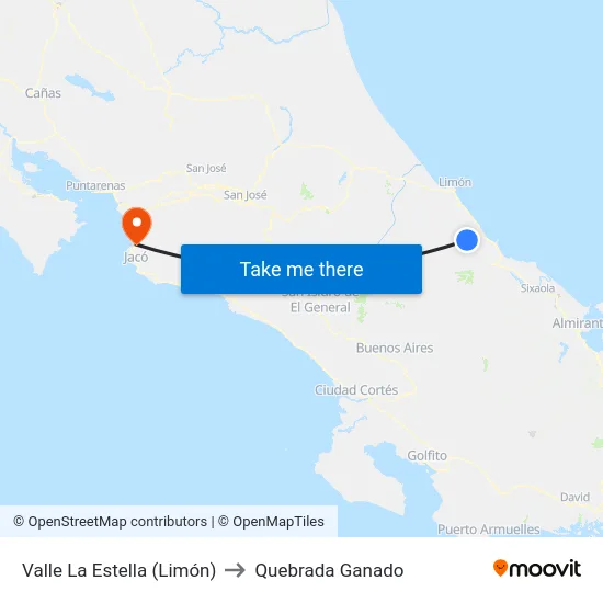 Valle La Estella (Limón) to Quebrada Ganado map
