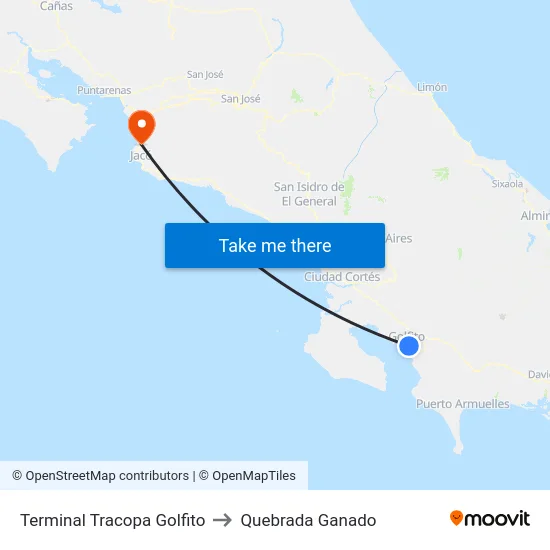 Terminal Tracopa Golfito to Quebrada Ganado map