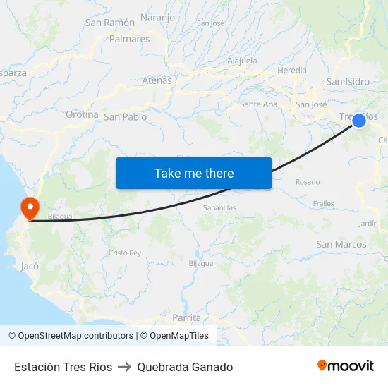 Estación Tres Ríos to Quebrada Ganado map