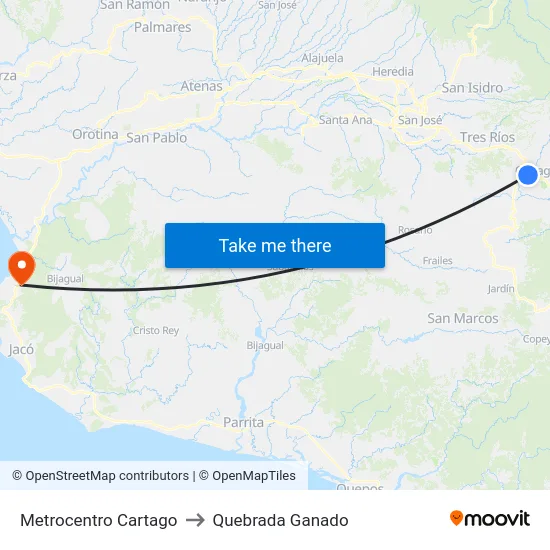 Metrocentro Cartago to Quebrada Ganado map