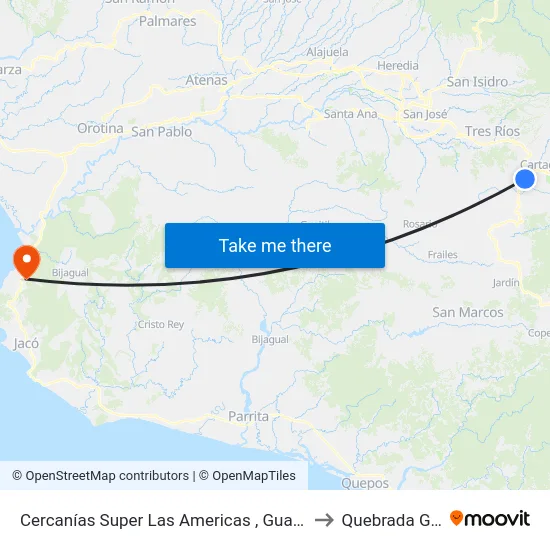 Cercanías Super Las Americas , Guadalupe Cartago to Quebrada Ganado map