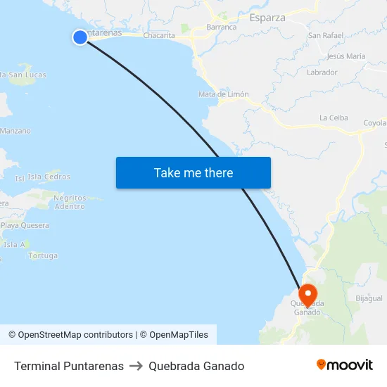Terminal Puntarenas to Quebrada Ganado map