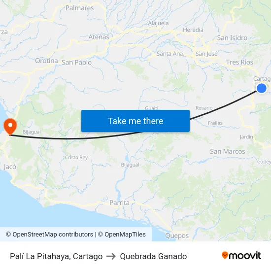 Palí La Pitahaya, Cartago to Quebrada Ganado map