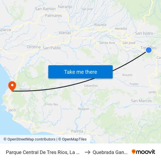 Parque Central De Tres Ríos, La Unión to Quebrada Ganado map