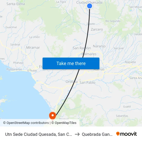 Utn Sede Ciudad Quesada, San Carlos to Quebrada Ganado map