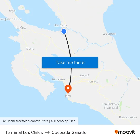 Terminal Los Chiles to Quebrada Ganado map