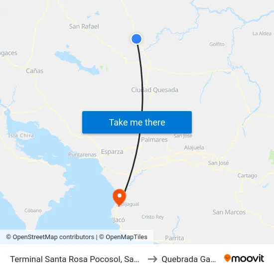 Terminal Santa Rosa Pocosol, San Carlos to Quebrada Ganado map