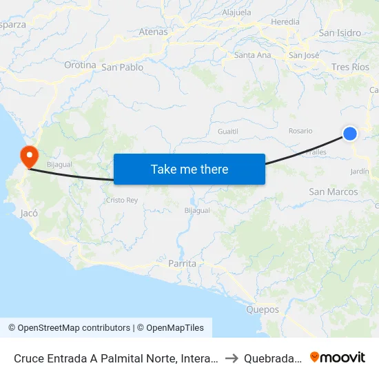 Cruce Entrada A Palmital Norte, Interamericana Sur El Guarco to Quebrada Ganado map
