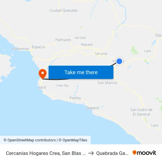 Cercanías Hogares Crea, San Blas Cartago to Quebrada Ganado map