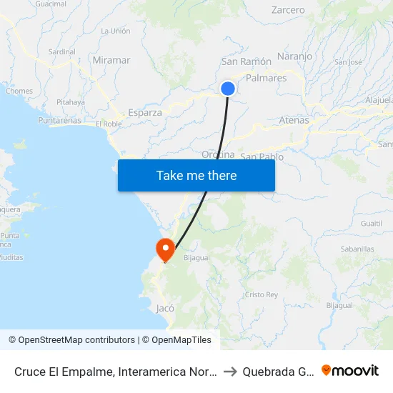 Cruce El Empalme, Interamerica Norte San Ramón to Quebrada Ganado map