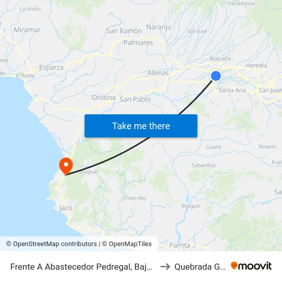 Frente A Abastecedor Pedregal, Bajo Tejar Alajuela to Quebrada Ganado map