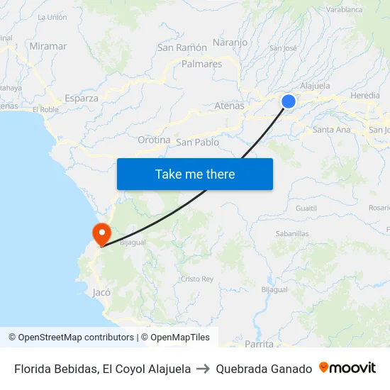 Florida Bebidas, El Coyol Alajuela to Quebrada Ganado map