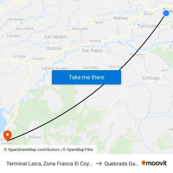 Terminal Laica, Zona Franca El Coyol Alajuela to Quebrada Ganado map