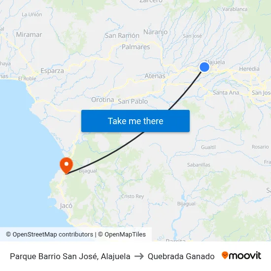 Parque Barrio San José, Alajuela to Quebrada Ganado map