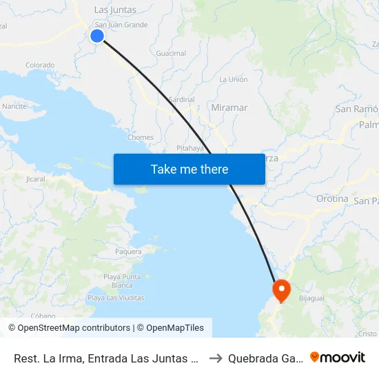 Rest. La Irma, Entrada Las Juntas Abangares to Quebrada Ganado map