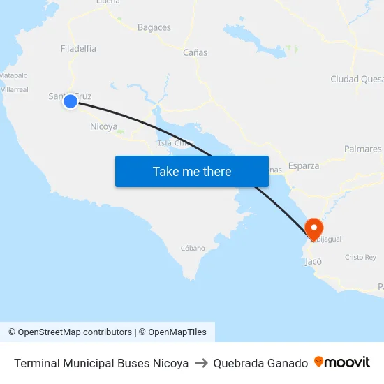 Terminal Municipal Buses Nicoya to Quebrada Ganado map