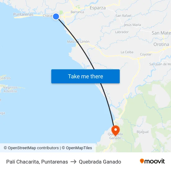 Palí Chacarita, Puntarenas to Quebrada Ganado map