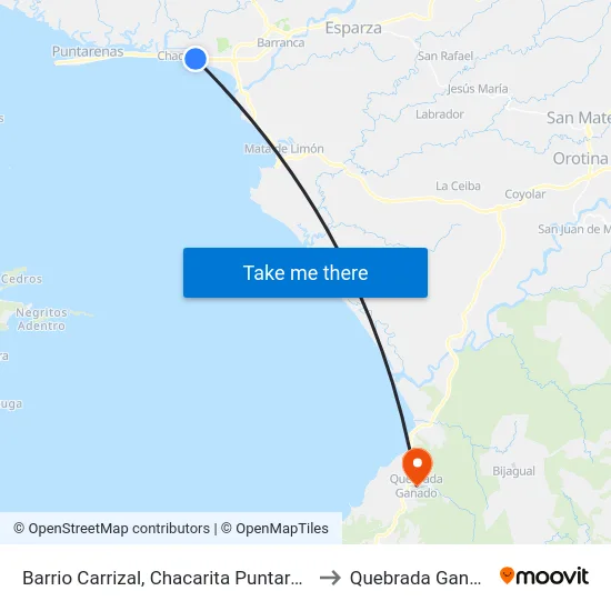 Barrio Carrizal, Chacarita Puntarenas to Quebrada Ganado map