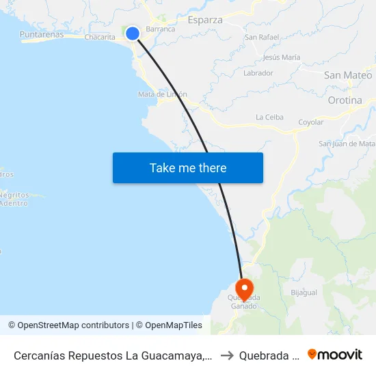 Cercanías Repuestos La Guacamaya, El Roble Puntarenas to Quebrada Ganado map