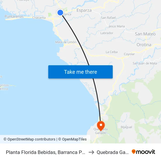 Planta Florida Bebidas, Barranca Puntarenas to Quebrada Ganado map