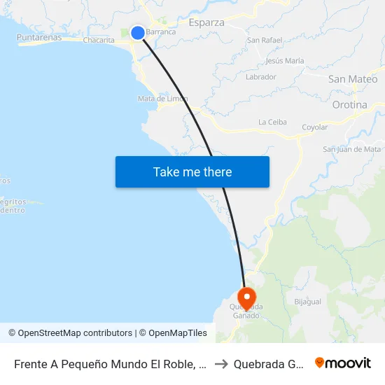 Frente A Pequeño Mundo El Roble, Puntarenas to Quebrada Ganado map