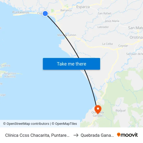 Clínica Ccss Chacarita, Puntarenas to Quebrada Ganado map