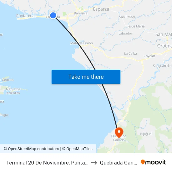 Terminal 20 De Noviembre, Puntarenas to Quebrada Ganado map