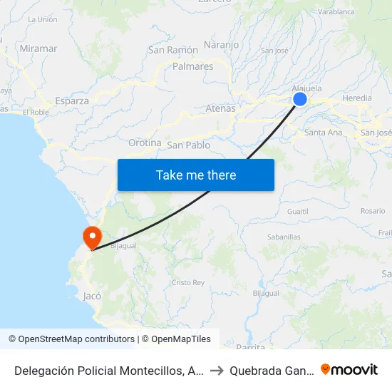 Delegación Policial Montecillos, Alajuela to Quebrada Ganado map