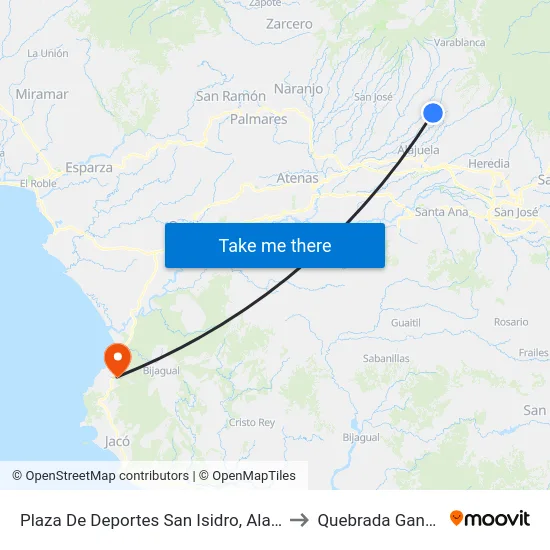 Plaza De Deportes San Isidro, Alajuela to Quebrada Ganado map